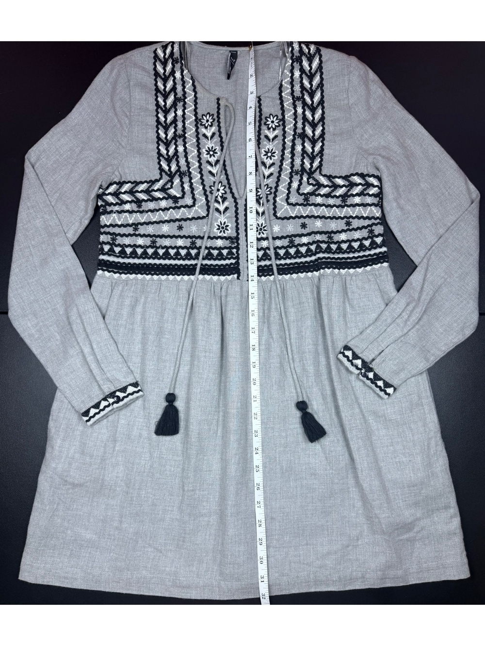 Zara TRF Womens XS Gray Embroidered Tunic Dress Boho Tassel Long Sleeve Mini - Picture 11 of 13